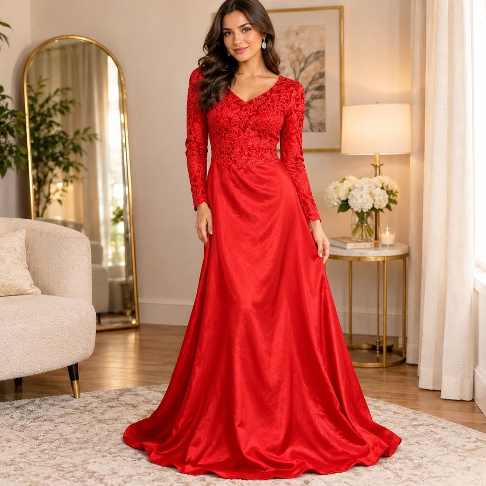 Rosalba Fric Red Lace Satin Mermaid Long Sleeve Evening Gown Formal Dress 59in